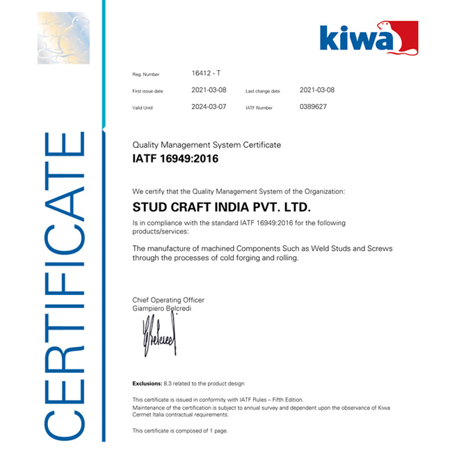 Stud Craft IATF 16949 Certification