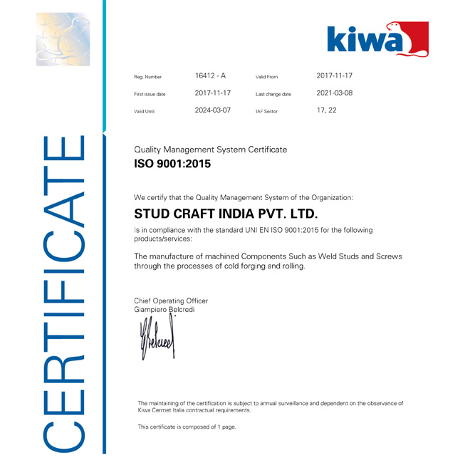 Stud Craft ISO 9001 Certification